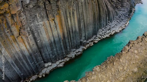 Aerial view of Studlagil Canyon, that can be found in East Iceland in the Glacier Valley called Jokuldalur. 