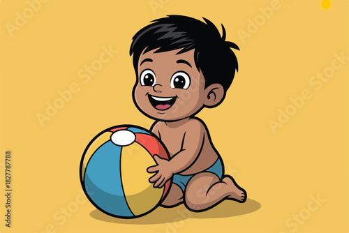 Illustration shows a joyful toddler clutching a beach ball, bright colors on a yellow background, sunny day vibes