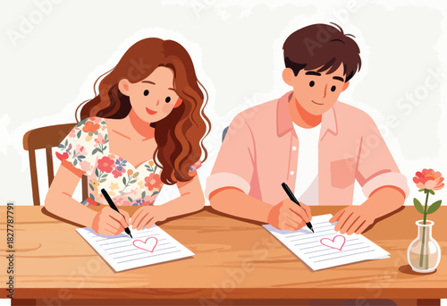 A couple, seated at a wooden table, write on paper with hearts drawn on each. A flower in a vase completes the scene