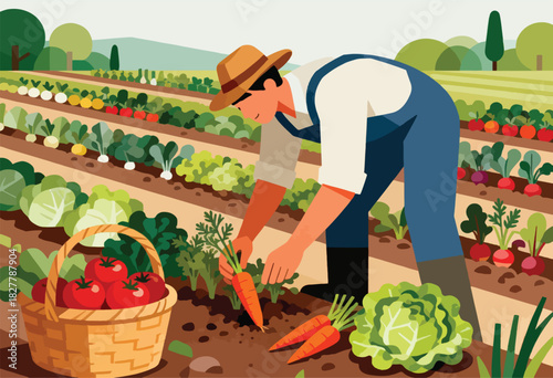 A farmer in overalls and hat harvests carrots. A full basket of tomatoes sits nearby. Rows of produce grow