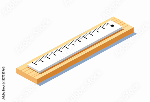 Isometric illustration of a ruler resting on a wooden block, with shadow. Simple, clean, measuring tool concept