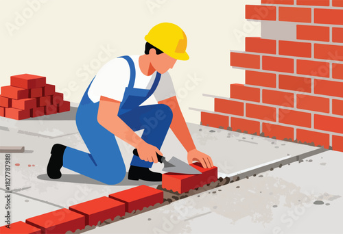 A construction worker kneels, laying bricks with a trowel, building a wall. More bricks stacked to the left
