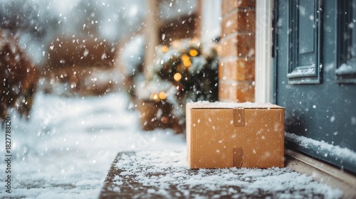 Winter package delivery a brown cardboard box on a snowy porch step with falling snowflakes and festive background
