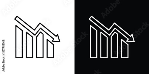 Arrow trend-down icons set with editable black and white stroke line style for ui designs