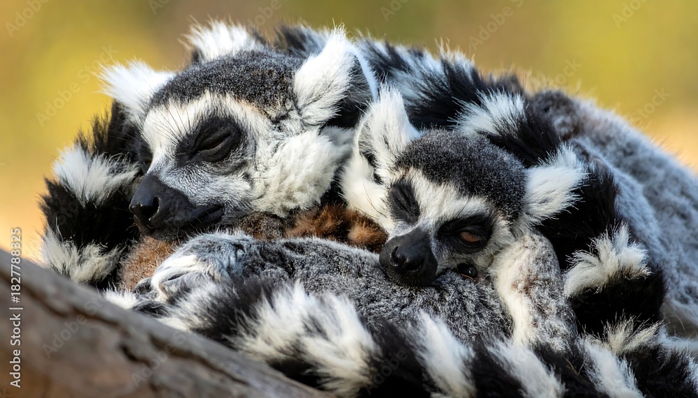 Fototapeta premium Two ring-tailed lemurs cuddling together on a branch, their black and white tails visible against a blurred background