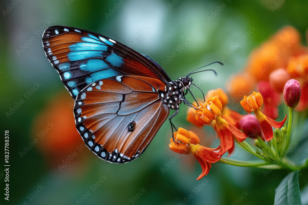 Obraz premium Butterfly with blue and orange wings on orange flower