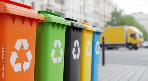 Colorful recycling bins lined up on a city street for waste separation