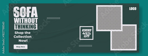 Modern sofa with discount offer and shopping collection announcement for furniture retail