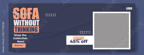 Modern sofa advertisement featuring a discount offer and stylish interior design elements for home decor