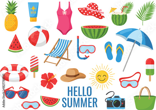 Mega Summer Beach Vacation Vector Icon Set Featuring Swimwear, Sunglasses, Sunscreen, Tropical Fruit, Float, Umbrella, and Holiday Accessories Illustration.