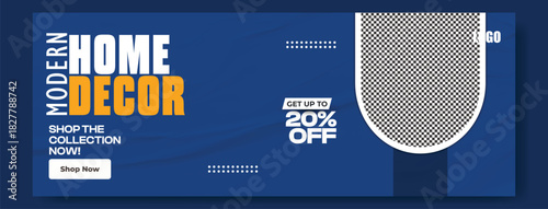 Modern home decor sale advertisement featuring stylish furniture and artwork with a 20 percent off discount