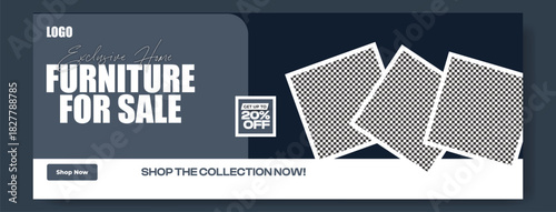 Modern furniture for sale advertisement with vibrant product images and discount offer on dark background