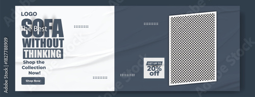 Modern interior design advertisement featuring a comfortable sofa and a discount offer on a dark background