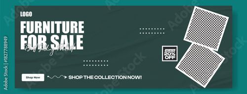 Modern furniture for sale advertisement with stylish interior images and discount offer on dark green background