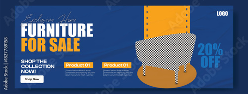 Modern furniture for sale with bold typography and graphic elements on a blue background