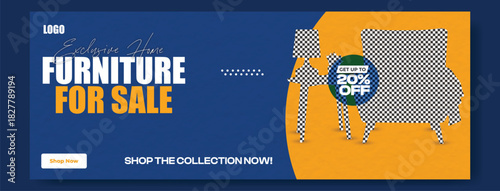 Bold blue and orange graphic advertising furniture for sale with a discount offer and a stylish armchair