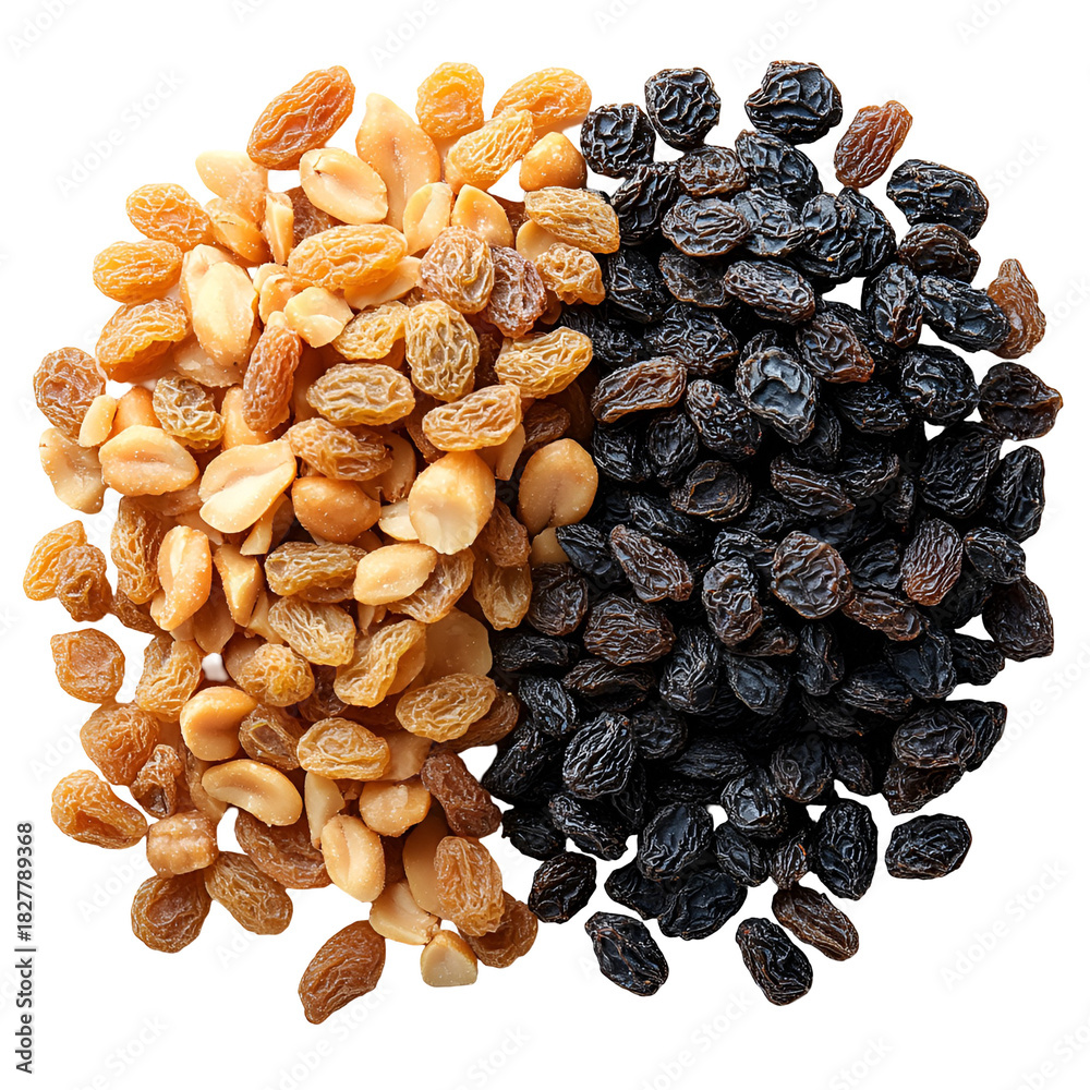 Fototapeta premium Dried fruit collection nuts and raisins overhead view