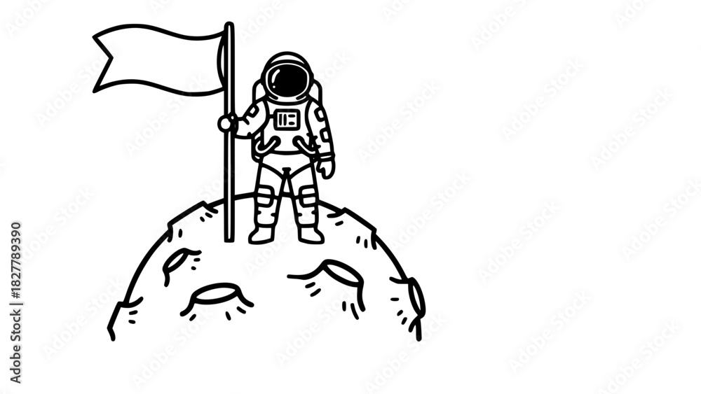 Obraz premium Vector line art of an astronaut standing on a small moon surface holding a flag, black and white, isolated, bold outlines, minimalist design