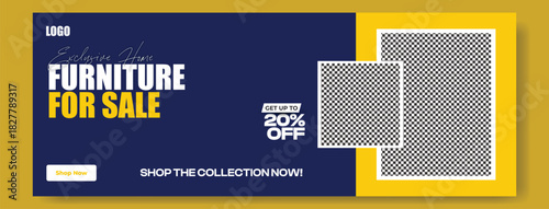 Modern furniture sale advertisement with discount offer and stylish interior design showcase