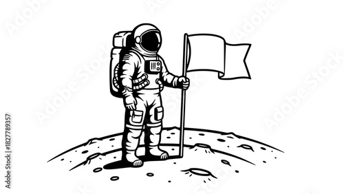 Vector line art of an astronaut standing on a small moon surface holding a flag, black and white, isolated, bold outlines, minimalist design