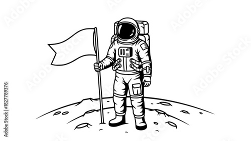 Vector line art of an astronaut standing on a small moon surface holding a flag, black and white, isolated, bold outlines, minimalist design