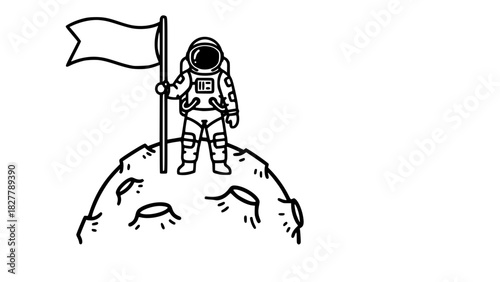 Vector line art of an astronaut standing on a small moon surface holding a flag, black and white, isolated, bold outlines, minimalist design