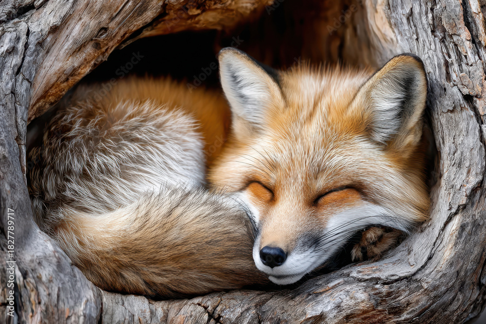 Naklejka premium Red fox curled up in a cozy nook of a tree during a sunny afternoon