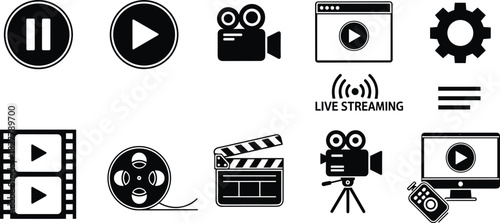 Solid black vector icon collection representing video and media production, including play/pause controls, film cameras, reels, a clapperboard, streaming indicators, settings, and playback devices, id