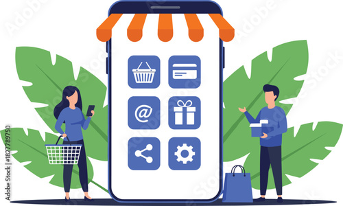 Flat vector illustration of a massive smartphone serving as an online store with an awning, surrounded by tiny people shopping and interacting with icons for purchase, payment, email, gift, sharing, a