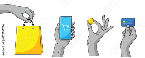 Monochrome vector illustration set of hands performing essential steps of commerce: holding a yellow shopping bag, a smartphone with a cart app, a gold coin, and a blue credit card for seamless paymen