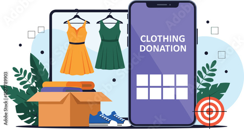 Online Clothing Donation and Secondhand App Vector Concept Illustration, Showing Garments on Hangers, a Box, and a Mobile Screen with Target for Charitable Giving and Thrift Shopping