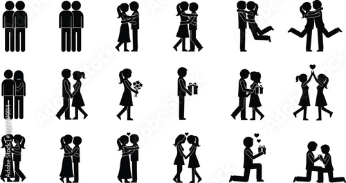 Set of Couple and Relationship Silhouettes Vector Icons, Depicting Love, Affection, Romance, Proposing, Gifting, and Hugging, Ideal for Valentine's Day and Emotional Concepts
