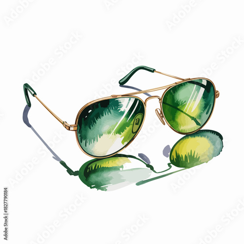 A pair of trendy sunglasses reflecting lush greenery within its lenses, symbolizing style, summer vibes, and a connection with nature and adventure.