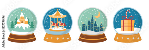 This image showcases four enchanting snow globes, each depicting unique winter themes: a castle, a carousel, a city skyline, and a festive gift, all encapsulated in glass.