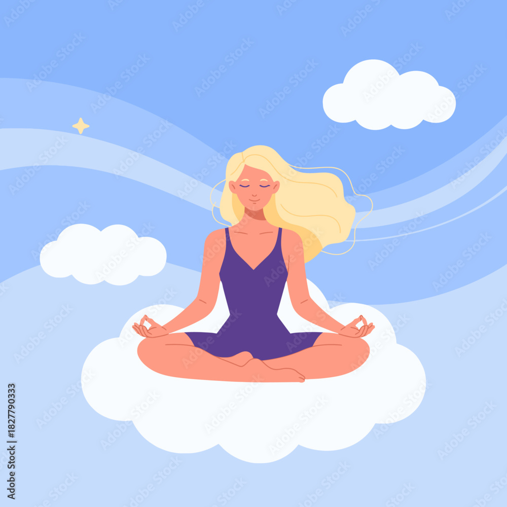 Obraz premium A peaceful illustration of a serene woman meditating on a cloud, surrounded by blue skies, embodying tranquility and mindfulness in a stylish manner.