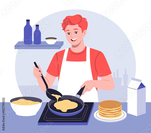 A joyful young man cooking breakfast in a cozy kitchen, serving pancakes with a smile, showcasing the warmth and satisfaction of preparing homemade meals.