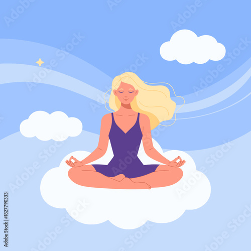 A peaceful illustration of a serene woman meditating on a cloud, surrounded by blue skies, embodying tranquility and mindfulness in a stylish manner.