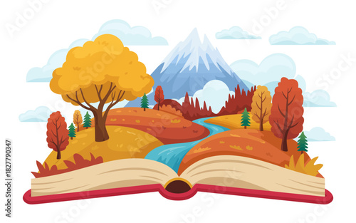This charming illustration features an autumn landscape emerging from a wide-open book, symbolizing the magic of storytelling and the beauty of nature.