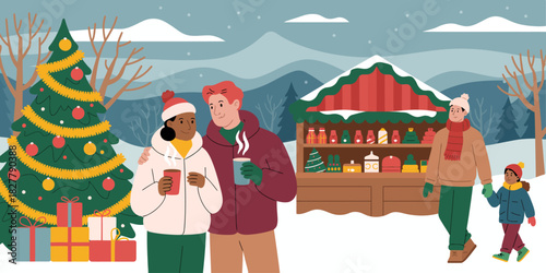 A cheerful couple stands together at a festive winter market, capturing the warmth of love amid snow and holiday decorations, evoking feelings of joy and togetherness.