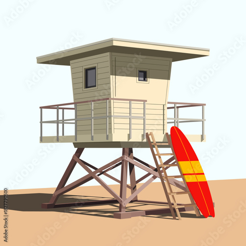 This image features a lifeguard tower standing tall on the sandy beach, with a bright red surfboard nearby, symbolizing summer safety and fun aquatic sports by the coast.