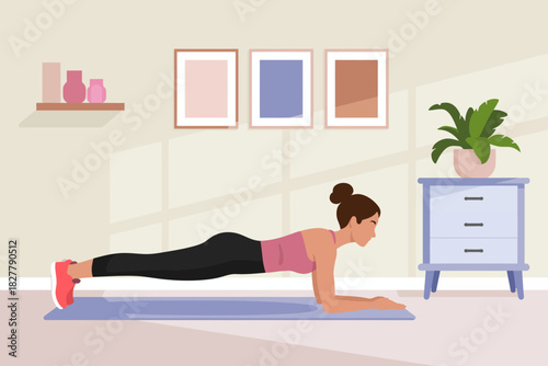 A modern illustration of a woman performing a plank exercise in a bright, serene indoor setting, highlighting fitness, strength, and dedication to personal health and wellness.