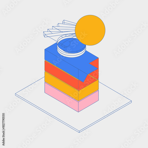 An innovative design of a colorful geometric sculpture featuring bold shapes and a bright circular element, representing modern artistic expression and creativity in design.