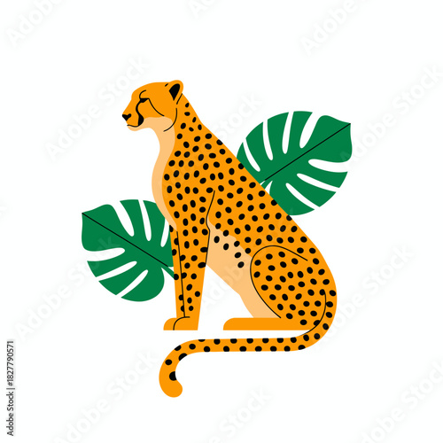 A graceful cheetah sits elegantly amidst vibrant tropical leaves, showcasing the beauty of wildlife combined with natural elements in a harmonious composition.