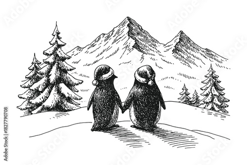 Charming black-and-white penguin couple and mountain scenery vector, hand-drawn in classic engraving style for winter prints, animal illustrations, and nature-themed designs.