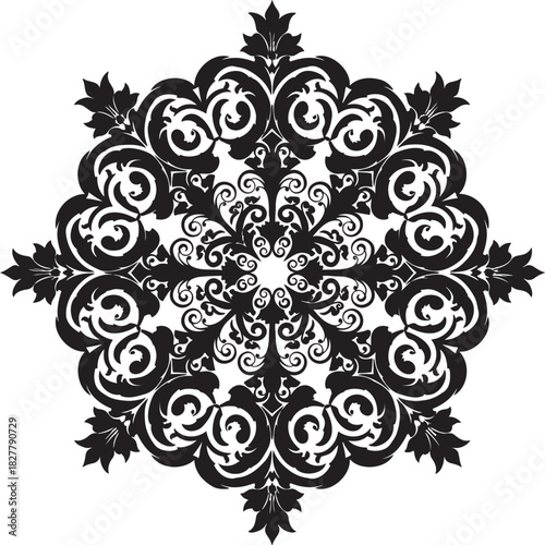 Ornate black and white mandala design on white background