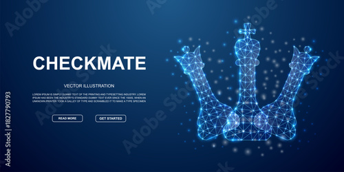 Digital glowing chess king and queen polygonal network, futuristic leadership and strategy concept with light dots and connections