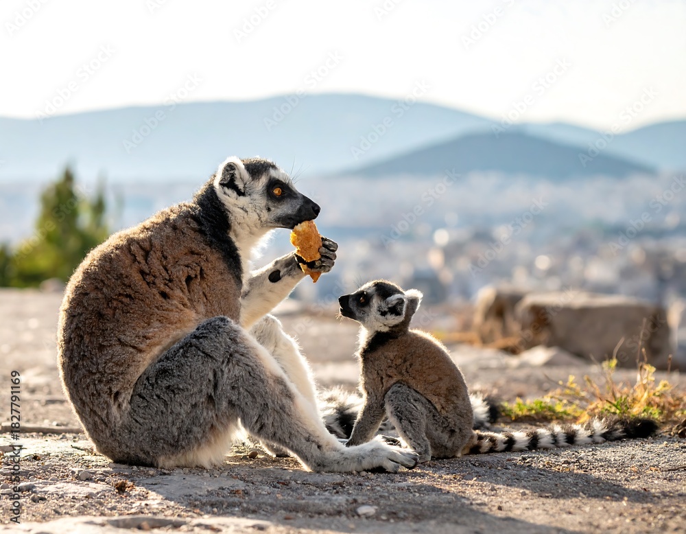 Fototapeta premium Two ring-tailed lemurs, one eating, sit outdoors with a blurred city background on a sunny day