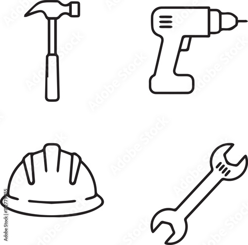 Engineering Tools Line Icons – Hammer, Drill, Hard Hat & Wrench Vector