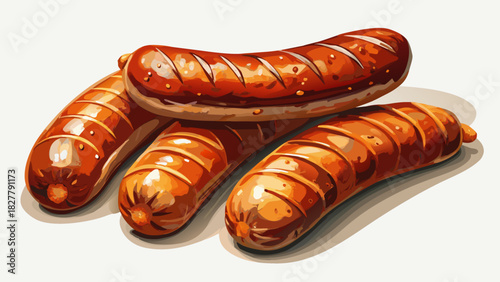 Very beautiful semi-realistic vector illustration of grilled pork sausages, showing perfectly cooked, golden-brown sausages with detailed texture, separated individually on a clean white background fo