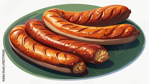 Very beautiful semi-realistic vector illustration of grilled pork sausages, showing perfectly cooked, golden-brown sausages with detailed texture, separated individually on a clean white background fo